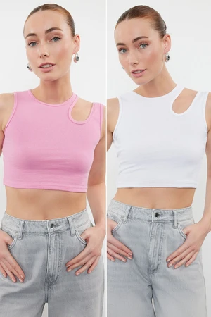 Trendyol Pink-White 2 Pack Cut Out Detailed Fitted Crop Ribbed Flexible Knitted Undershirt