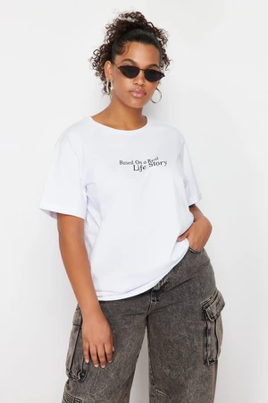 Trendyol Curve White Printed Boyfriend 100% Cotton Knitted T-shirt