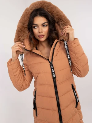 Brown long winter jacket with stitching