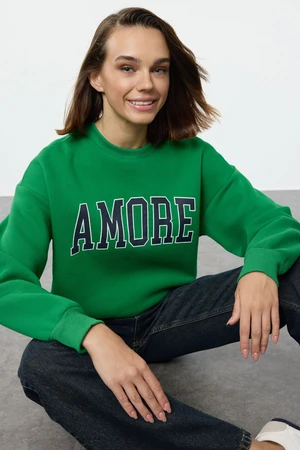 Trendyol Green Thick Polar Fleece Oversize/Wide Cut Slogan Embroidered Knitted Sweatshirt