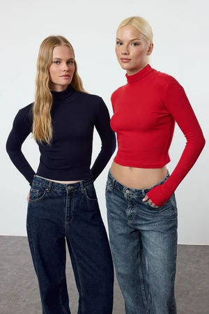 Trendyol Navy Blue-Red 2 Pack Fitted Half Fisherman Corded Stretchy Knitted Blouse