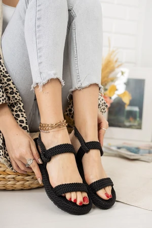 Fox Shoes Black Rope Drawstring Straw Women Sandals