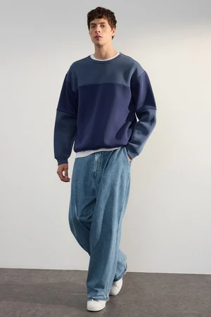 Trendyol Navy Blue Oversize/Wide Cut Color Block Fleece Inside Sweatshirt