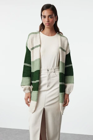 Trendyol Green Soft Texture Color Block Long Knit Cardigan