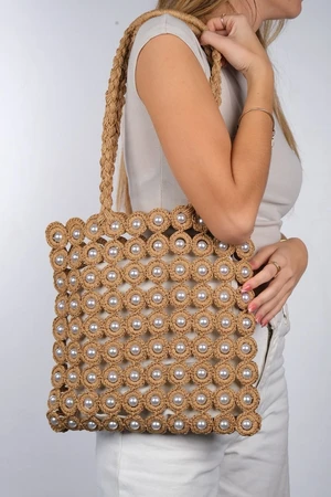 LuviShoes Grep Dark Beige Pearl Detailed Women's Handbag