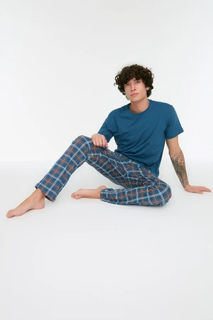 Trendyol Navy Blue Plaid Knitted 100% Cotton Pajamas Set