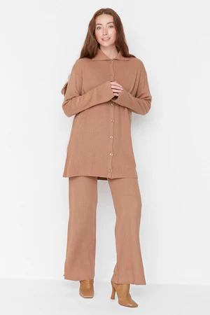 Trendyol Camel Slit Detailed Cardigan-Pants Knitwear Suit