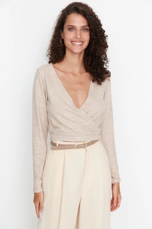 Trendyol Beige Melange Knitted Blouse with Double Breasted Collar, Soft