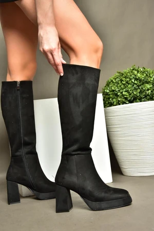 Fox Shoes R282230102 Black Suede Platform Women's Thick Heeled Boots