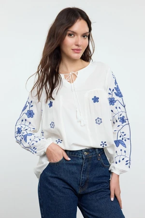 Trendyol White Embroidered Neck Tie Detailed Woven Blouse