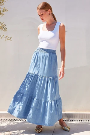 Bigdart 8022 Flounce Long Denim Skirt - Blue