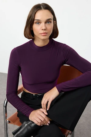 Trendyol Plum High Collar Backless Fitted Crop Stretchy Knitted Blouse