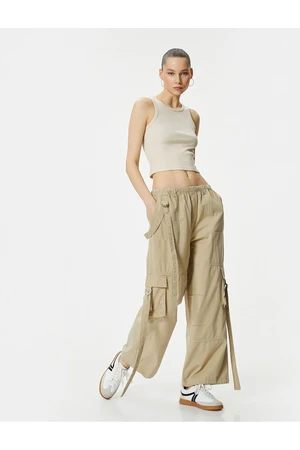 Koton Cargo Trousers Straight Leg Belt Detailed Waist Elastic Cotton