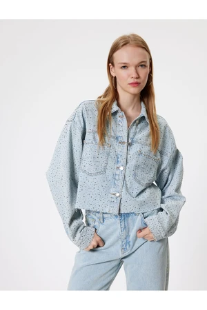 Koton Crop Denim Jacket Stone Detailed Classic Collar Buttoned Pocket