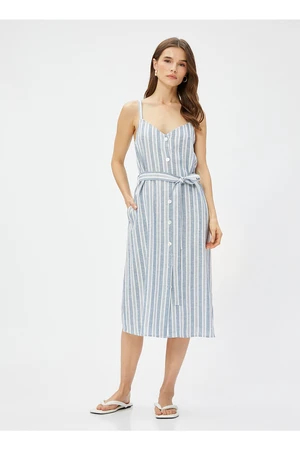 Koton Women's V-Neck Striped Blue - White Midi Dress 3sak80270ew