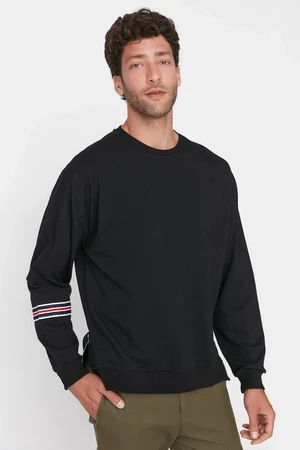 Trendyol Men's Black Oversize/Wide-Fit Crew Neck Men's Stripe Sweatshirt