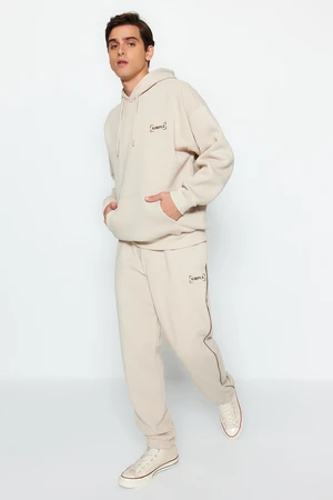 Trendyol Stone Men's Oversized Hoodie. Elastic Legs, Embroidery Welding, and Soft Pile Cotton Tracksuit Set.