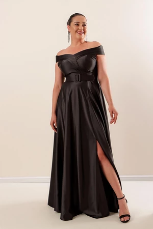 By Saygı Madonna Collar, Waist, Belted, Lined Plus Size Long Satin Dress with a Slit