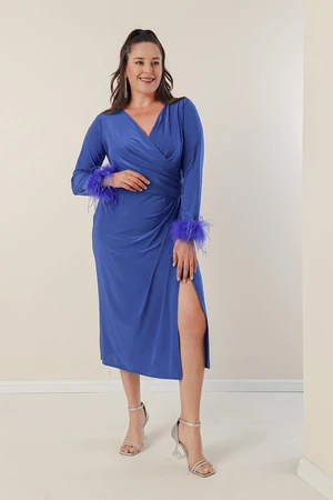 By Saygı Plus Size Dress With Double Breasted Collar, Lined Sleeves and Pile Lycra.