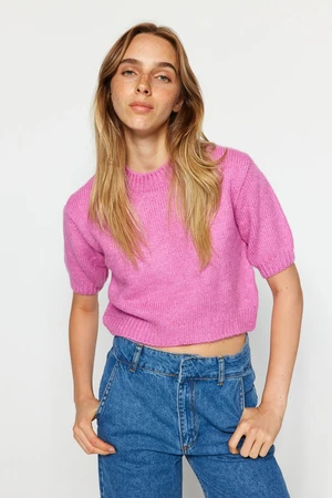 Trendyol Pink Crop Měkká texturovaná pletená halenka