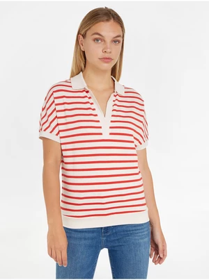Krémovo-červené dámské pruhované polo tričko Tommy Hilfiger - Dámské
