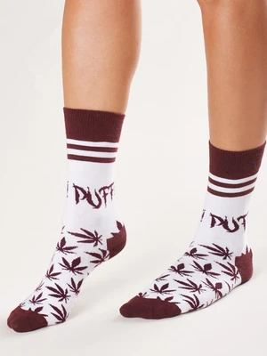 White and burgundy socks with print