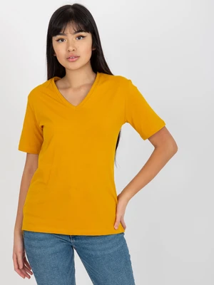 Dark yellow women's basic T-shirt with V-neck