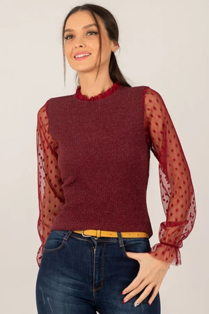 armonika Women's Burgundy Collar and Tulle Corduroy Knitwear Sweater