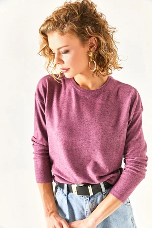 Olalook Women's Purple Crewneck Bat Soft-textured Blouse