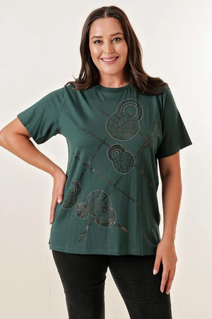 By Saygı Stone Printed and Gilded Short Sleeve Plus Size Blouse on the Front