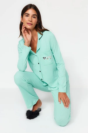 Trendyol Mint Cotton Animal Printed Shirt-Pants Knitted Pajama Set