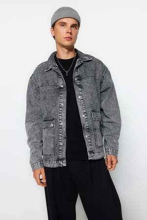 Trendyol Men's Gray Regular Fit Denim Jacket with Snap Fastener.