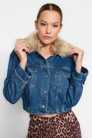 Trendyol Dark Blue Fur Trucker Denim Jacket