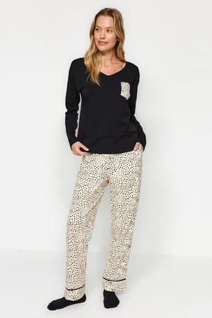 Trendyol Black 100% Cotton Multi Color Leopard Patterned Tshirt-Pants Knitted Pajamas Set