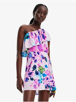 Pink floral dress on one shoulder Desigual Jan-Lacroix - Women