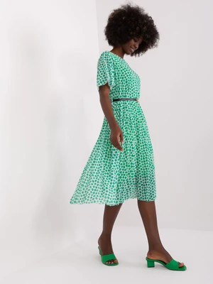 Green-and-white midi dress with print and belt