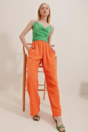 Trend Alaçatı Stili Women's Orange Linen Pants with Elastic Waist, Double Pocket Palazzo