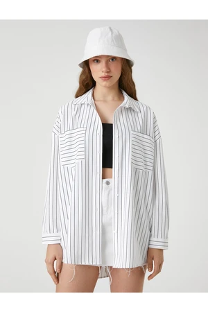 Koton Oversize Shirt Poplin Striped Long Sleeved Cuff Collar