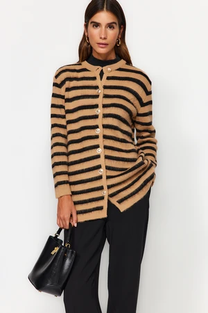 Trendyol Camel Striped Gold Button Detailed Soft Textured Knitwear Cardigan