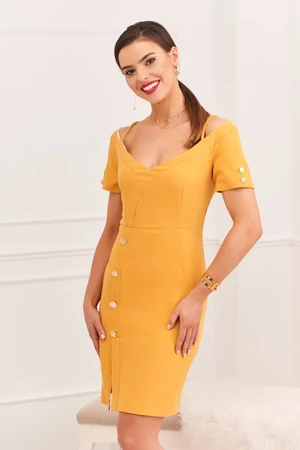 Elegant dress with mustard carmen neckline