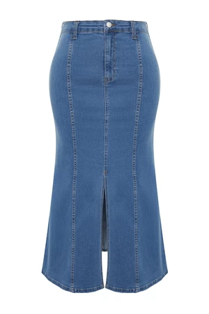 Trendyol Curve modrá midi džínová sukně s předním rozparkem a detaily