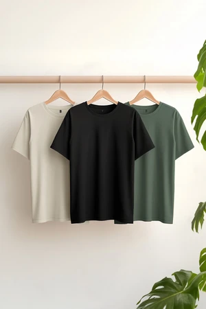 Trendyol Black-Stone-Dark Green Slim/Slim Cut Crew Neck Basic 100% Cotton 3-Pack T-Shirt