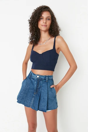 Trendyol Blue Pleated Normal Waist Denim Short Skirt