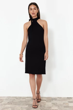 Trendyol Black Plain Knitted Dress with Tie Detail at the Throat