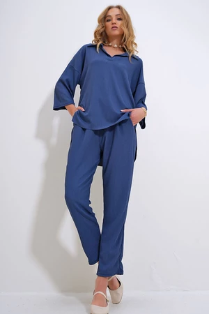 Trend Alaçatı Stili Women's Indigo Oversize Shirt Collar Blouse And High Waist Pants Set