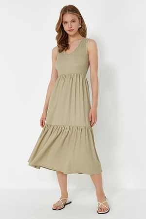 Trendyol Khaki Elastic Skater/Waist Opening V-Neck Sleeveless Wrap/Textured Stretchy Knitted Midi Dress