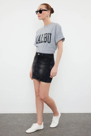 Trendyol Anthracite More Sustainable Stitching Detailed High Waist Mini Denim Skirt