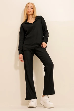 Trend Alaçatı Stili Women's Black Polo Neck Top And Palazzon Trousers Knitwear Bottom Top Suit