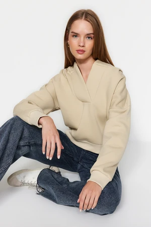 Trendyol Stone Thick Fleece Hooded Comfort Cut Crop Knitted Sweatshirt