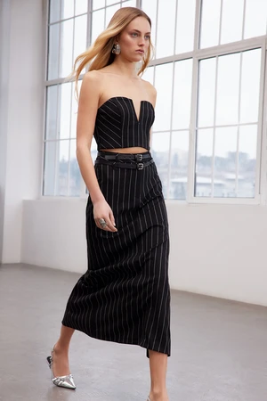 Trendyol Limited Edition Black Striped Belted Woven Long Skirt